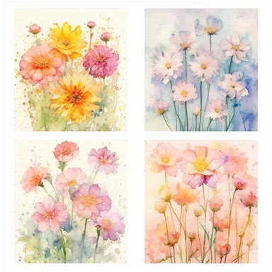 Create a breathtaking collection of ultra-detailed Watercolor Spring Flowers, capturing the essence of the vibrant and blossoming season. Showcase an array of enchanting spring blooms, from delicate daffodils to a variety of wild flowers, each delicately painted in watercolor. Embrace the soft pastel palette of spring, with gentle hues of pinks, purples, yellows, and greens that evoke a sense of freshness and renewal. Pay meticulous attention to detail, ensuring that each flower is meticulously 