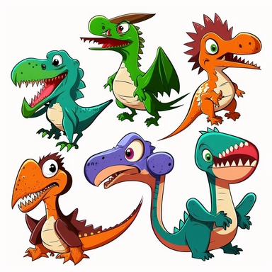 Create a set of 2D dinosaur clipart images featuring suitable for children's educational and entertainment materials. The images should be in a fun, cartoon style that is easy for children to understand and appreciate, with bright and playful colors that are appealing to kids. Pterosaurs, Pterosaurs flying in air , The background of the image should be white, and there should be no shadow, landscape, trees, flowers, leaves, plants, or text in the image