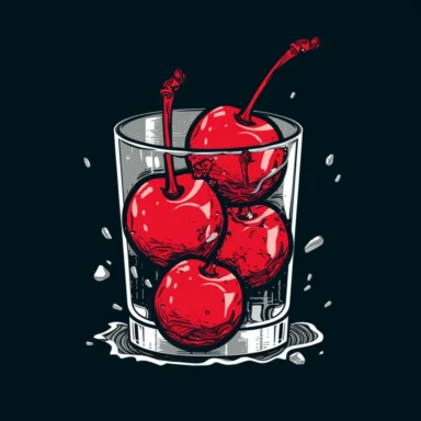 one shot glass with only 4 cherries inside and ice cubes, illustration, logo, simple design, shirt logo, stencil, clip art
