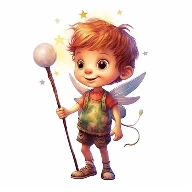 a cute little boy fairy with starry eyes and happily smiling as he awaits his friends, with his wand raised above his head, in the style of realistic color schemes, official art, flickr, tondo, made of insects, soft-edged, cranberrycore with white background for clipart