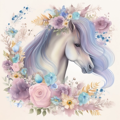 A horse clipart design for girls with a soft and girly color palette of pastel colors like pink, purple and blue to create a dreamy atmosphere. The horse itself is majestic and has a long flowing tail and mane that move in the wind. Flowers and butterflies surround the horse and give the design a romantic touch