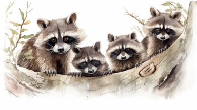 Curious Raccoons: A family of raccoons peeking out from behind a tree, with one raccoon looking directly at the viewer - cute and adorable watercolor illustration with photorealistic high details clipart, white background