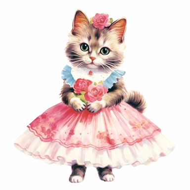 50s vintage kitsch cat illustration clipart, watercolor, Hand drawn painting, isolated on white background, watercolor illustration by katie daisy, highly detailed, white background for removing background - - no text shadow font watermark