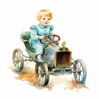 Watercolor Victorian baby girl in driving a turquoise ford t car from the era clipart , on a white background, Illustration clipart, 4K, extremely detailed