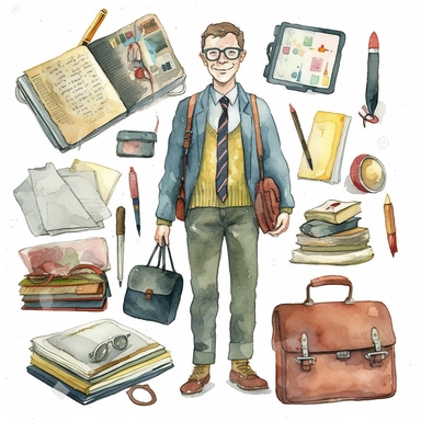 watercolour clipart of a class teacher stuff, full length, high quality, very high details , white background