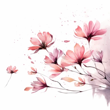 Whimsical watercolor illustration of pink flowers floating in the air, depicted from a side angle, with loose brushstrokes adding a sense of movement, clipart on a clean white backdrop.