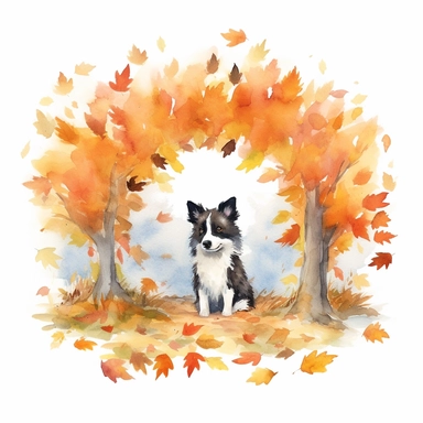 A whimsical scene featuring a Border Collie engaged in a game of hide-and-seek among colorful autumn leaves, creating a playful and enchanting atmosphere, white background and watercolor clipart.