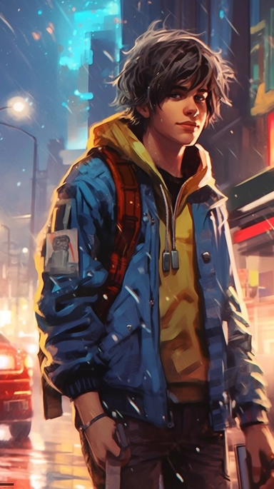 beautiful stunning pretty vintage cyberpunk anime boy, paint art style, clipart, city landscape background, superrealistic, one of a kind