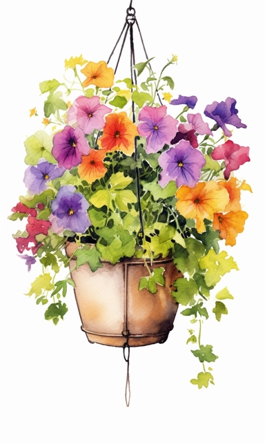 potted flowers, clipart, hanging basket, watercolour style,