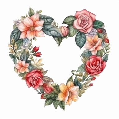 isolated detailed floral colorful ring in a shape of a heart, watercolor clipart, white background