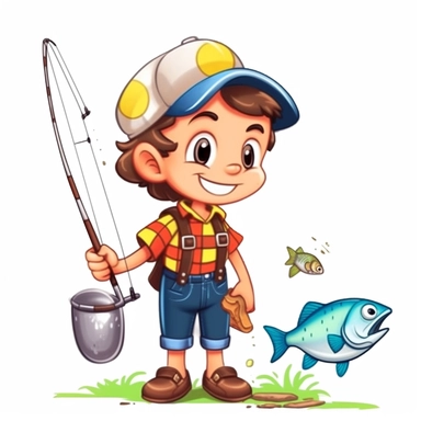 Cute little boy dressed for a Brazilian June party and fishing, with jeans, cowboy boots, plaid long-sleeved shirt, happy, various poses and expressions, Monica's Gang style, Maurício de Sousa Graphics, white background, big eyes, clipart, cartoon inkley studio smiling