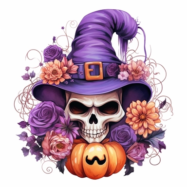 Spooky Cute halloween sublimation, Purple color Clipart, below are some flowers, and the head is cap, isolated on a white background,high quality design and Summons will be a pumkin