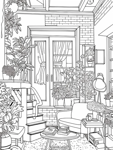 An Adult Coloring Book Featuring Fun and Relaxing Interior Home Designs with Beautifully Furnished Rooms and Welcoming Outdoor Spaces, coloring page line art, black and white clipart for coloring page, simple and clean line art, illustration style,