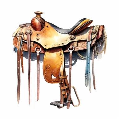 Western saddle without horse, watercolor, clipart, illustration, white background, digital painting, paper crafting, no signature, no text