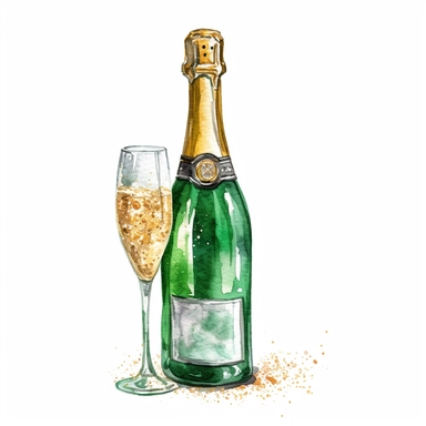 watercolor gold and green birthday Champagne bottle open pop drawing, illustration clipart, high detailed, white background, digital art