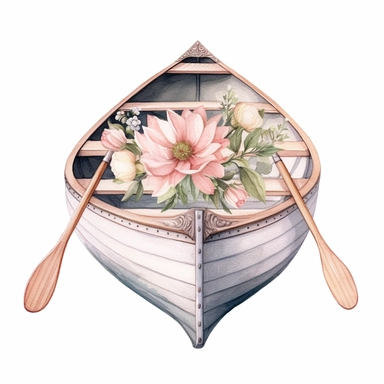 hand drawn , watercolor, hyper realistic, white background, white margins, 16k, ultra detailed clipart, cut out image, hand-drawn, ultra HD, sharp and clean art a vintage canoe with delicate floral , capturing the romantic and feminine aesthetics often as