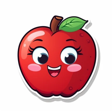 digital sticker, cute red apple mascot character, strong use of color, cartoon clipart, vector, white background