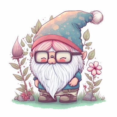 cute chibi happy gnome with big white beard, wearing spike hat, hat is covering the eyes, clipart, line art, in the style of Anni Betts + Christine Battuz, watercolor illustration style 8k, png