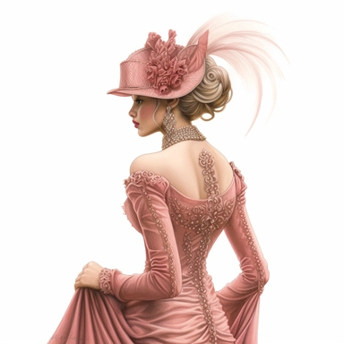 A color pencil illustration of a stylish fashion girl, wearing an exquisite Haute Couture gown with intricate beading and a dramatic train, gracefully raises a gloved hand to her ornate fascinator, her face turned away from the viewer. Clipart, color pencil illustration.