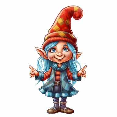 A delightful, hand-drawn clipart image of a friendly female gnome with no beard, dressed in a charming, brightly colored ensemble, sporting a tall, pointy hat, and standing with a welcoming smile, presented on a transparent background for versatile use