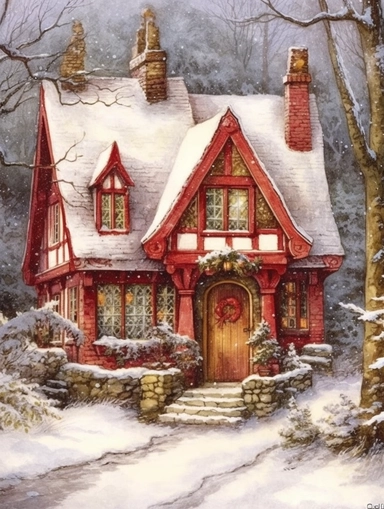 stunning red fairytale Christmas cottage in snow , beautiful Christmas clipart, soft faded colors, beautiful watercolor art by Marjolein Bastin, Thomas Kinkade, Carl Larsson, Norman Rockwell, Susan Wheeler