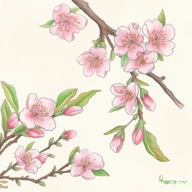sakura drawing clipart art free, in the style of intricate, delicate flower and garden paintings, light magenta and emerald, miniature and small-scale paintings, precisionist art, whimsical watercolors, decorative relief, light pink and light brown