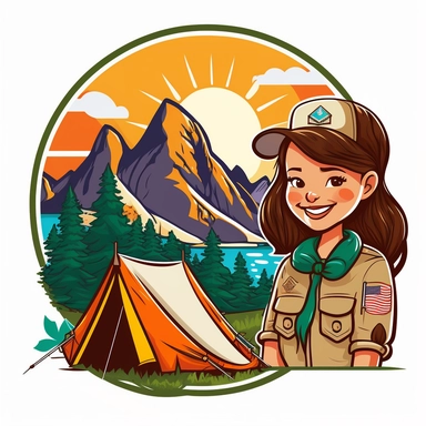 smiling girl scout with flag fire place tent river in the background mountains minimalistic clipart no text