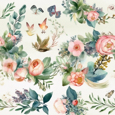 Design a set of watercolor-style digital cliparts specifically for wedding and event decorations. The cliparts should include elements such as flowers, garlands, wreaths, ribbons, and romantic symbols like hearts and doves. Consider various color palettes and styles to cater to both traditional and modern weddings and events. The cliparts should be versatile and suitable for use in invitations, save-the-date cards, menu cards, table cards, seating charts, and other decorative elements