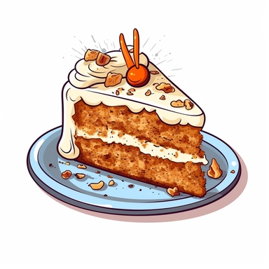 generate a clipart image of a carrot cake white background. Show a cake with grated carrots, raisins, and walnuts, topped with cream cheese frosting and a sprinkle of cinnamon