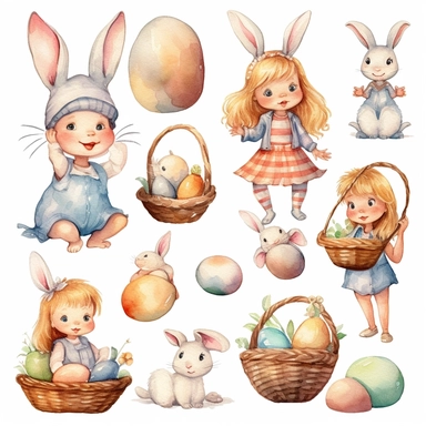 Watercolor easter eggs, illustrations clipart set, simple, soft colors, cartoon elements, different variants, easter elements, jumping bunnies, sitting bunnies ,rabbits, cute little girl, easter eggs in basket, separate elements with a margin