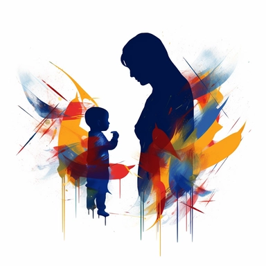 abstract style clipart, mom and 2 year old son, white background