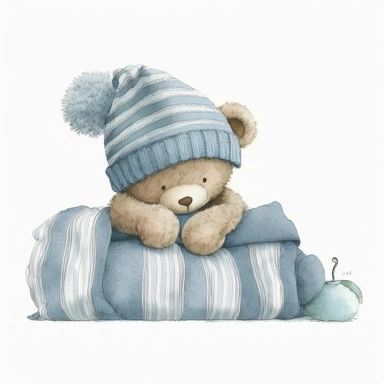 an ultra Cute little newborn baby teddy bear wearing pyjamas, #475F94 dusky blue shabby chic traditional classic striped pyjamas and a bedtime hat and is sitting on a dusky blue blanket watercolour, cute,, bedtime, sleepy, dreamy, isolated on white backgr