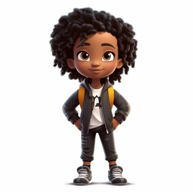generate cute semi-realistic 3d adventurist black little non-binary kid clipart, isolated on white background