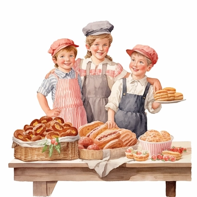 Cute french - style a farmer children selling strawberry bakery stand clipart, 1940, strawberry bakery, distinguished bakeries, detailed bakery, watercolor, realistic watercolor painting in storybook illustration, pencil drawing by Angela Barrett, Elsa Beskow, highly detailed, 8k, high resolution, crisp details, fixed hands, fixed legs, white background