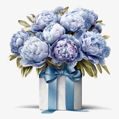 Watercolour realistic pastel blue peonies in flower bouquet box with delicate ribbon bow wrapped around it intricately realistically detailed pastel blue peonies, PNG image,transparent background ,ultra highly detailed, 18k, sharp focus, bright photo with vibrant colours, digitally enhanced,photographic, enhanced graphics, png format, straight, sharp focus, bright lighting, intricate detailed png image ,high definition,300dpi,graphic clipart,computer graphics