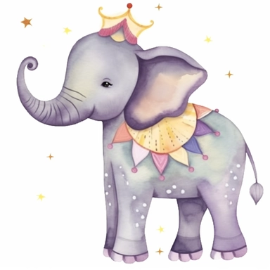 One cute decorated circus elephant clipart, style as seen on Etsy. Cartoonish appearance with exaggerated body proportions, but atomically correct limb positions and number. Perfect for decorating a baby's nursery. Varied bright pastel watercolors, loose,