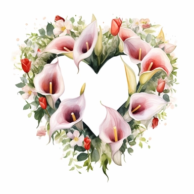 watercolor Calla lilies wedding wreath iv heart free editable flower png clipart, in the style of angela barrett, happy expressionism, jim dine, positive/negative space, vicente romero redondo, paper cut-outs, watercolorist