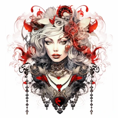 Clipart white background - Bring to life a fantasy Queen of Hearts with intricate tattoos and ornate jewelry, watercolor, aesthetic