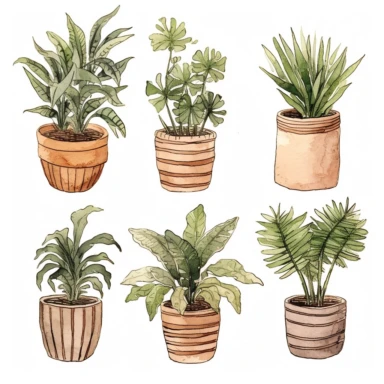 6 spaced out clipart, watercolor cute boho house plants, neutral tones