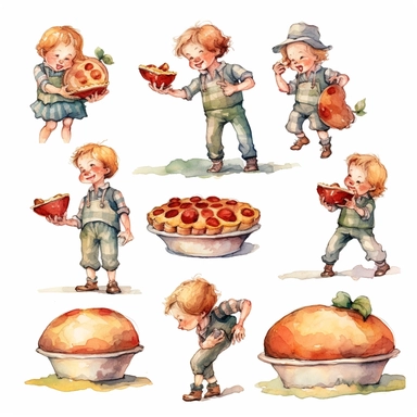 multiple poses of pie apple put on the garden, watercolor in medieval cartoon grunge style clipart on white background