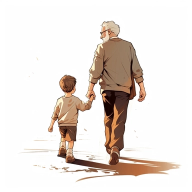 clipart style, grandfather walking with grandson, backs to camera, white background