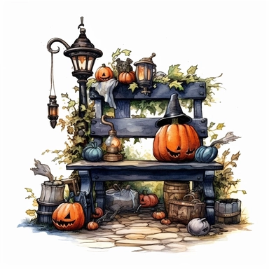 picturesque scene, watercolor and ink style, witches bench with crystal ball, potions, wand, cauldron and herbs, clipart on plain white background, Halloween vibes, super scary cute in high detail ultra precision 16k HD, clean crisp brushwork, painted by Beatrix Potter