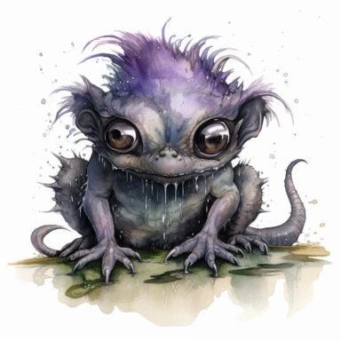 ink wash cute creature clipart on transparent background, rodney matthews style, no splash, black inky blue purple violet green, single sheet, 4k