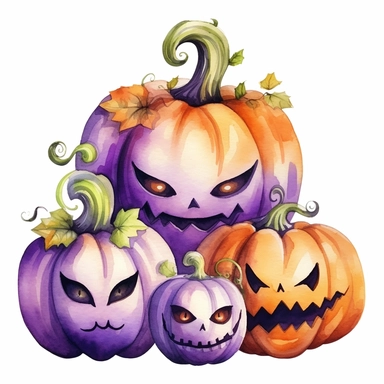 hand drawn Halloween pumpkins with carved faces that are glowing, sitting together at various sizes and heights,Halloween, purple orange and green shades, fantasy, glamorous, clipart style, detailed and realistic, watercolor, white background with margins