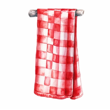 watercolor clipart of a gingham tea towel, vintage homely vibes, isolated on white background