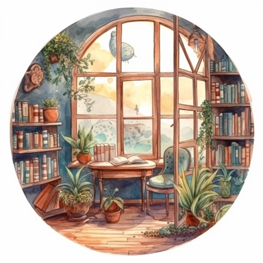 a watercolor clipart of a bookroom with a big oval window, white background clipart, plants and nature, in the style of darkly romantic illustrations, uhd image, studyplace, fairycore, charming character illustrations, embroidery art, lively nature scenes