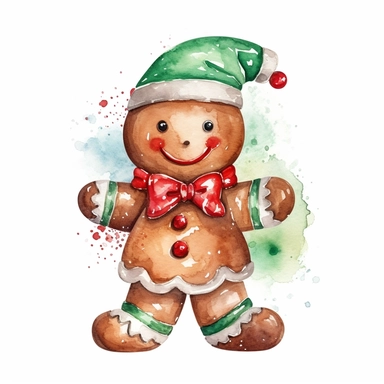 watercolor, Cute christmas gingerbread man watercolor clipart, red and green color scheme, christmas style, isolated white background, single design, single object, print on demand image, PNG transparent background, white background for removing background - - no text shadow font watermark