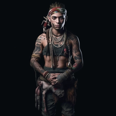 a young white male, full body shoot, wearing tribal clothing and doll head necklace post apocalyptic, unreal game engine style, different poses, detail, clipart, black background, one of a kind--ar 16:9