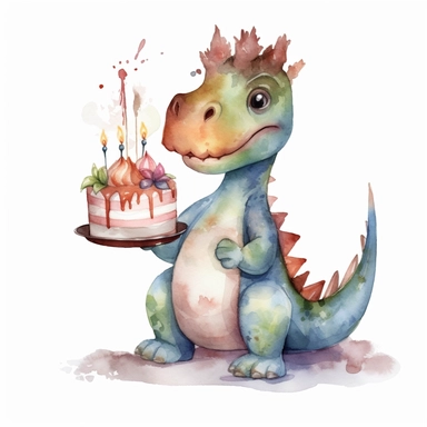 High resolution, cute dinosaur holding birthday cake, watercolor clipart, completely white background
