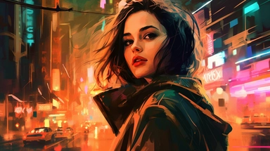 beautiful stunning pretty vintage, futuristic bladerunner style young woman, paint art style, clipart, city landscape background, superrealistic, one of a kind